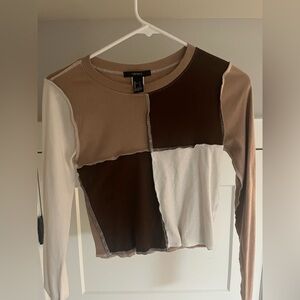 Forever 21 Patchwork Long Sleeve Top - Brown, Cream, White